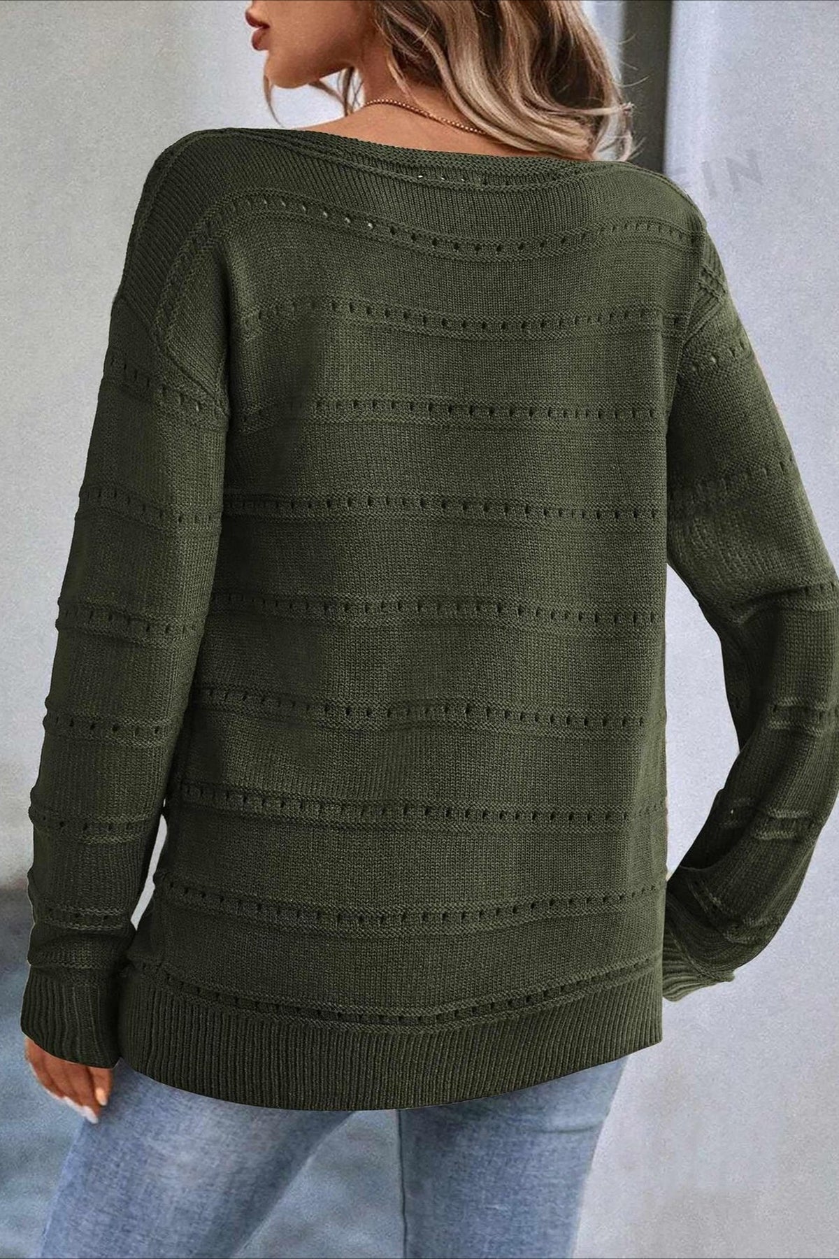 Openwork Boat Neck Relaxed Sweater