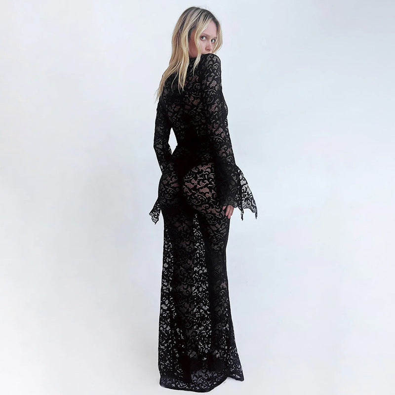 Lace Deep V-Neck Bell Sleeve Mermaid Maxi Gown - View 7