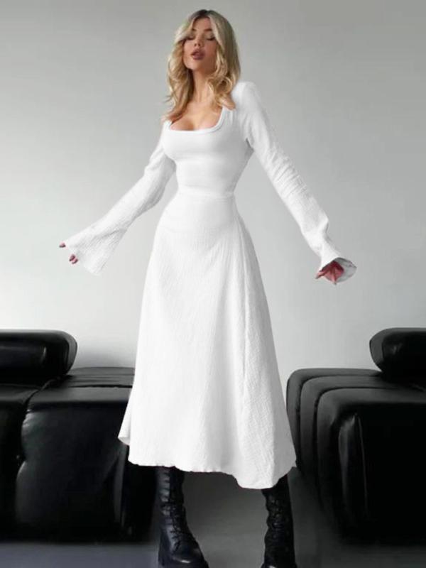 Square Neck Flare Sleeve Fit and Flare Midi Dress