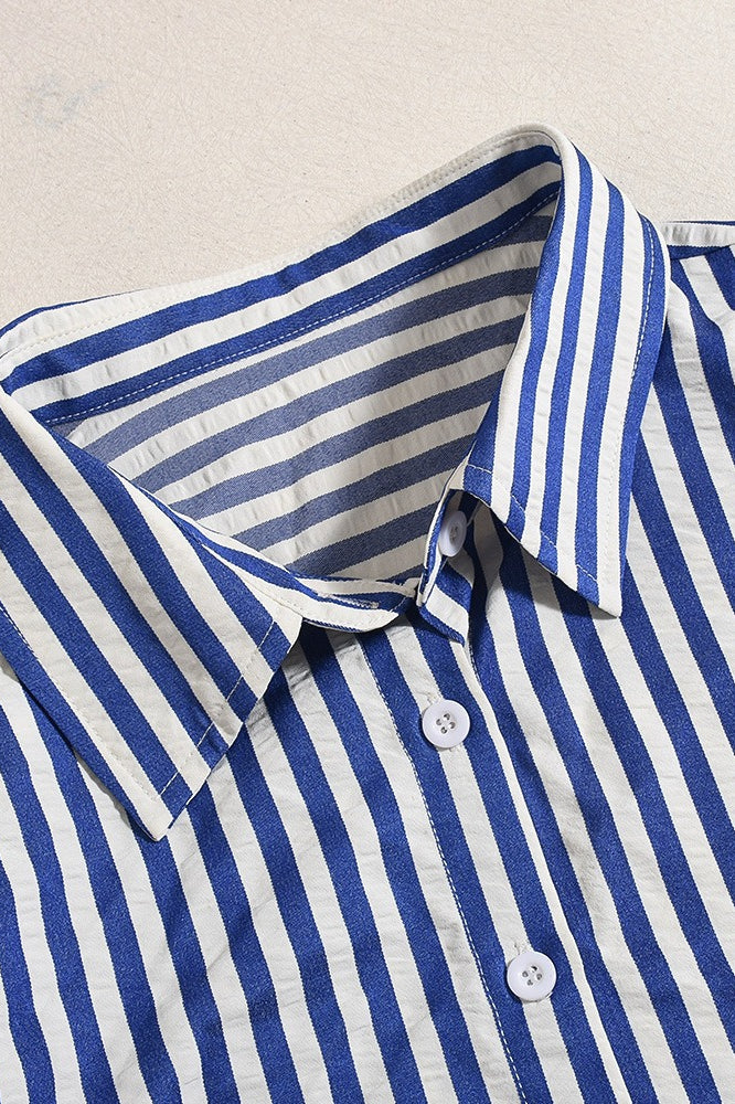 Striped Crop Shirt Two Piece Blouse - Fashionpara