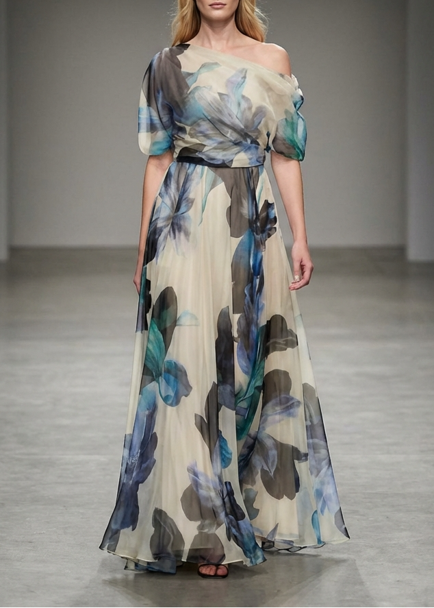 Chiffon One Shoulder Puff Sleeve Belted Floral Print Maxi Gown