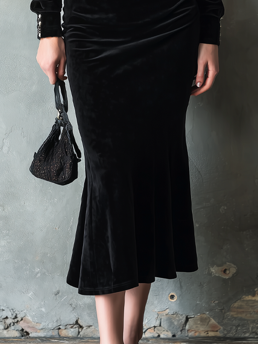 Elegant Fitted Waist Velvet Shirt And Fishtail Skirt Set - Fashionpara