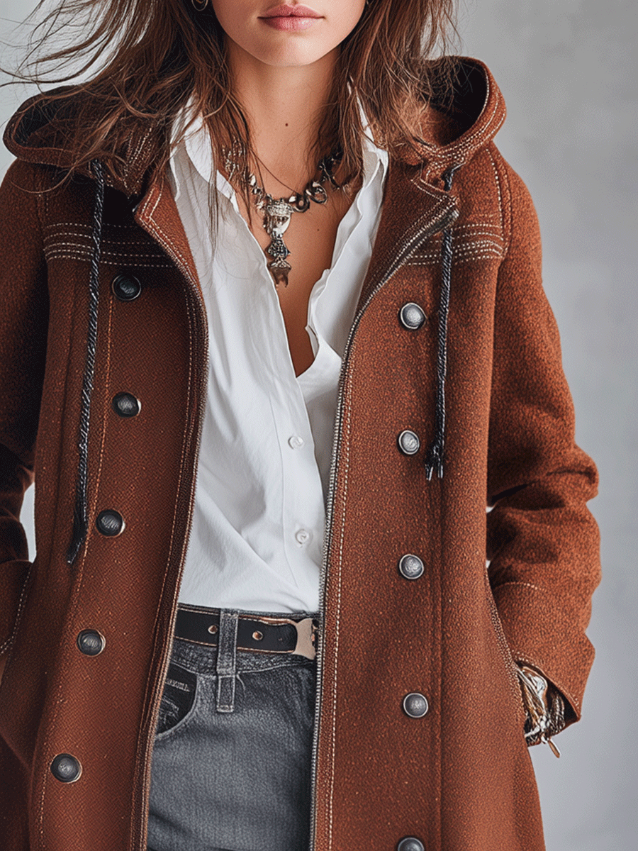 Tuscany Nomad Chestnut Wool Hooded Coat - Fashionpara
