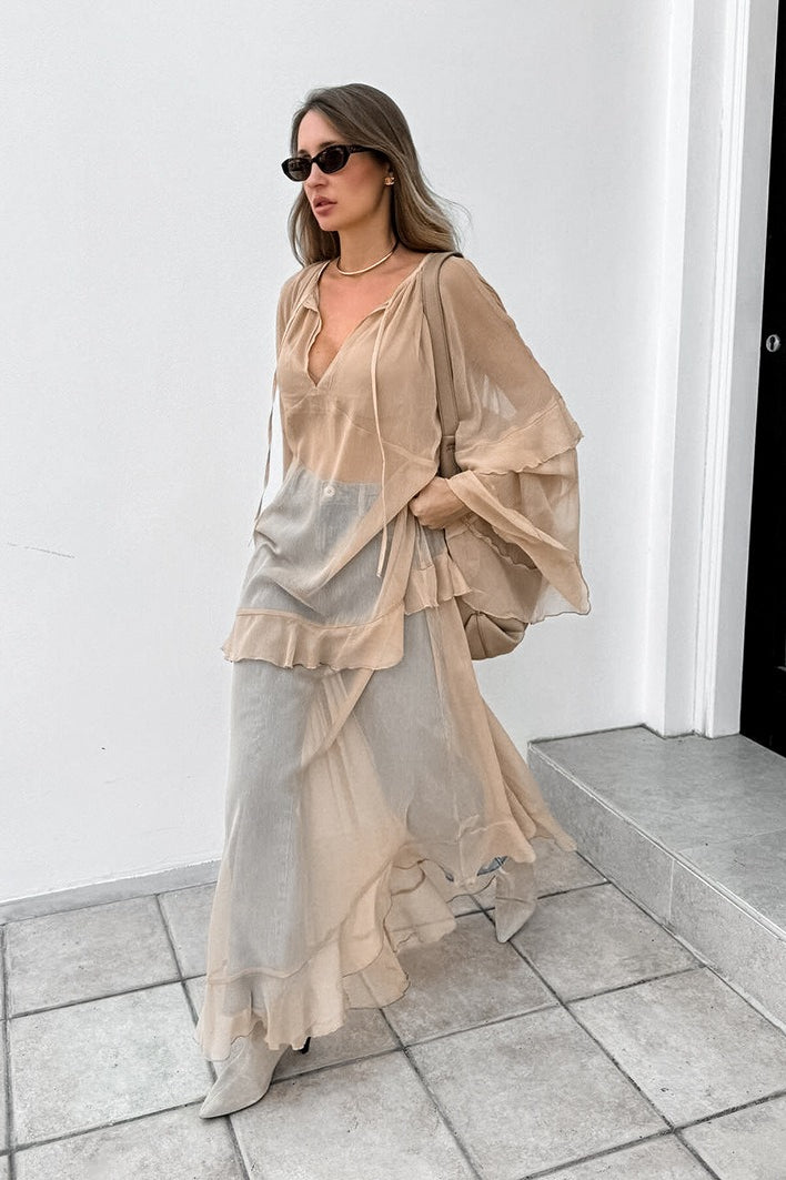 Chiffon Tiered Ruffle Long Sleeve Sheer Maxi Dress