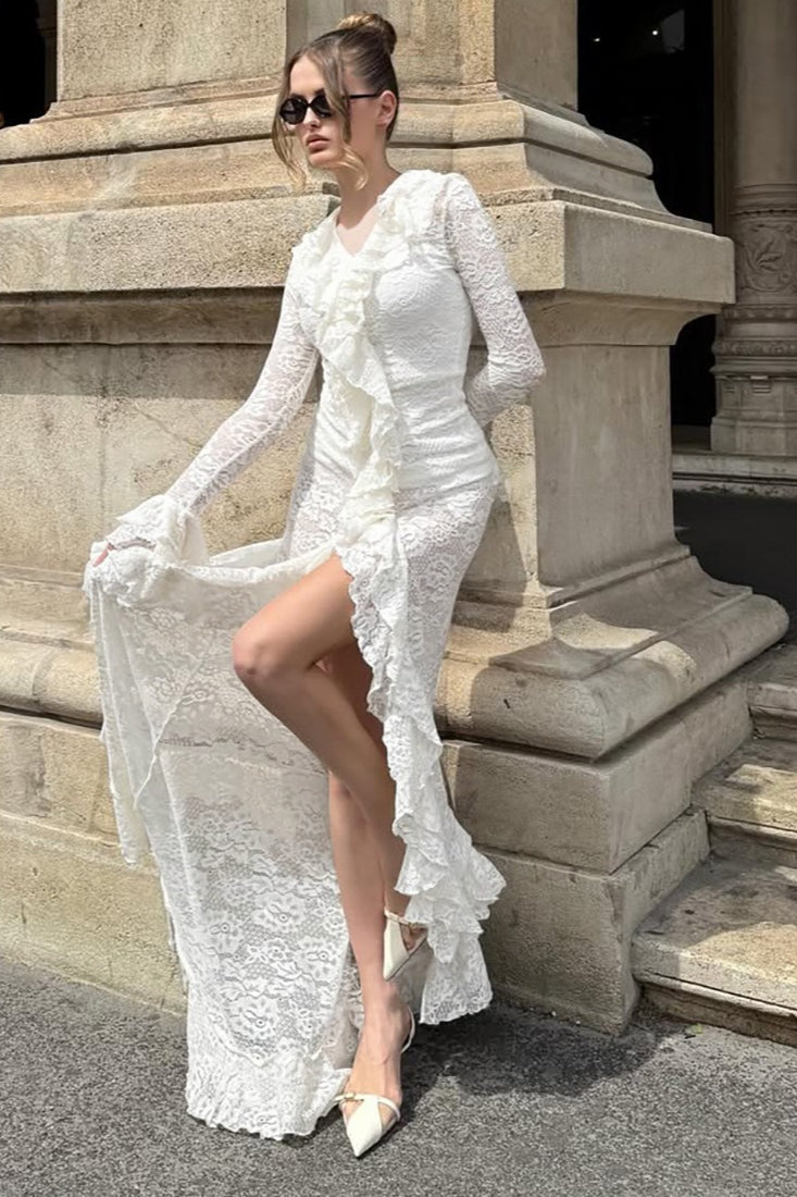Lace Long Sleeve Deep V-Neck Ruffle Trim High Low Maxi Gown - View 6