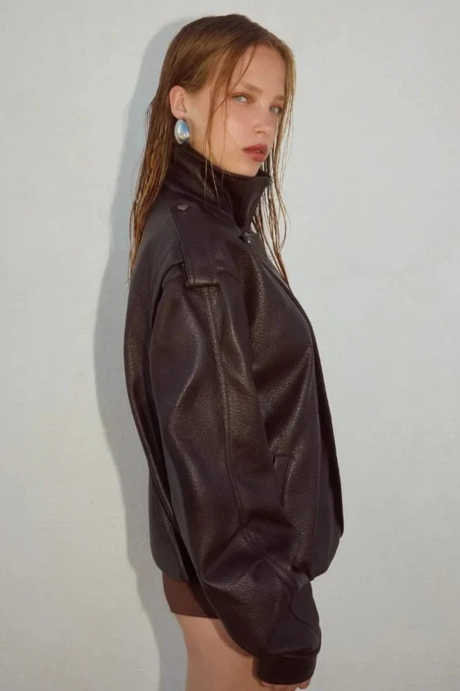 Stand Collar Zip Up Leather Jacket