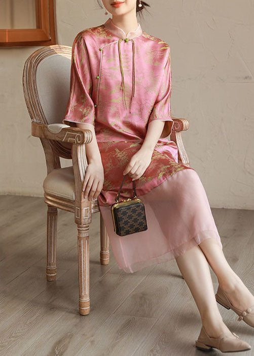 Jacquard Mandarin Collar Tassel Tie Three Quarter Midi Dress - View 3