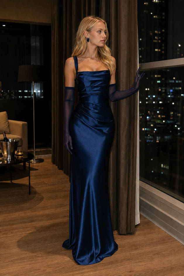 Satin Square Neck Ruched Mermaid Gown