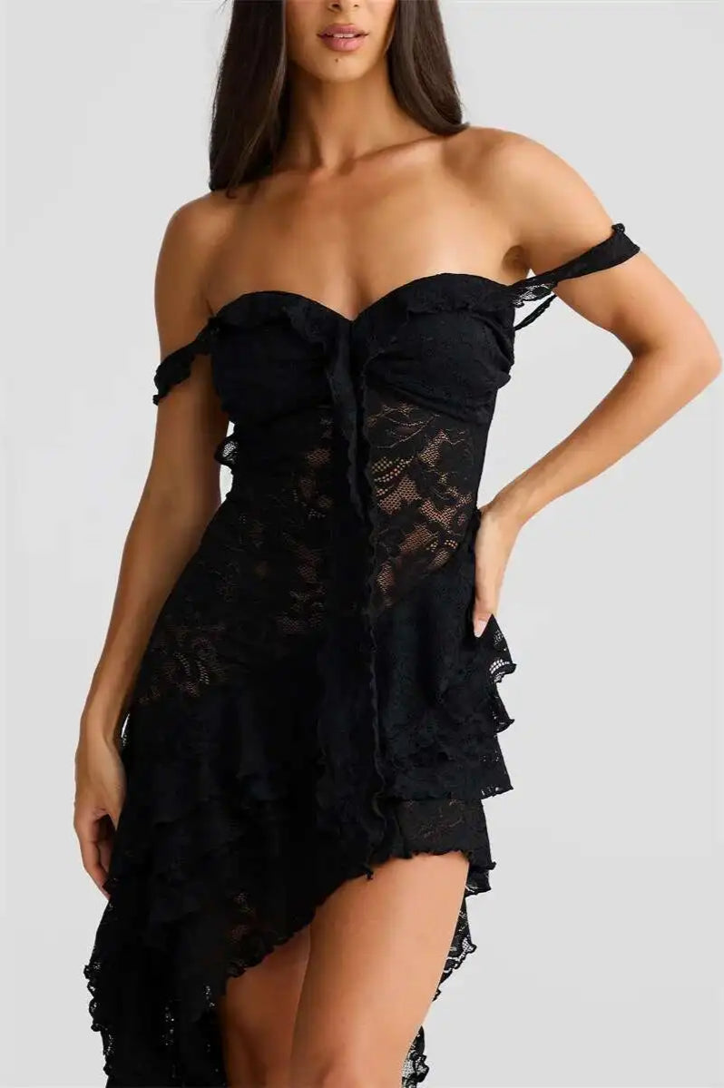 Lace Ruffle Off Shoulder Midi Dress - View 8