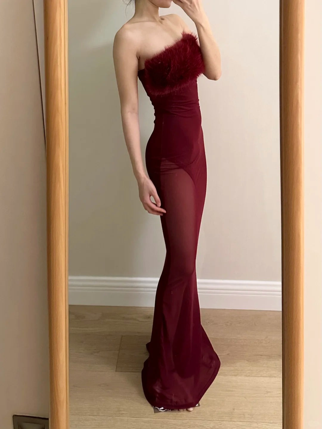 Sexy Burgundy Mermaid Strapless Mesh Long Prom Dress Evening Dress P4256