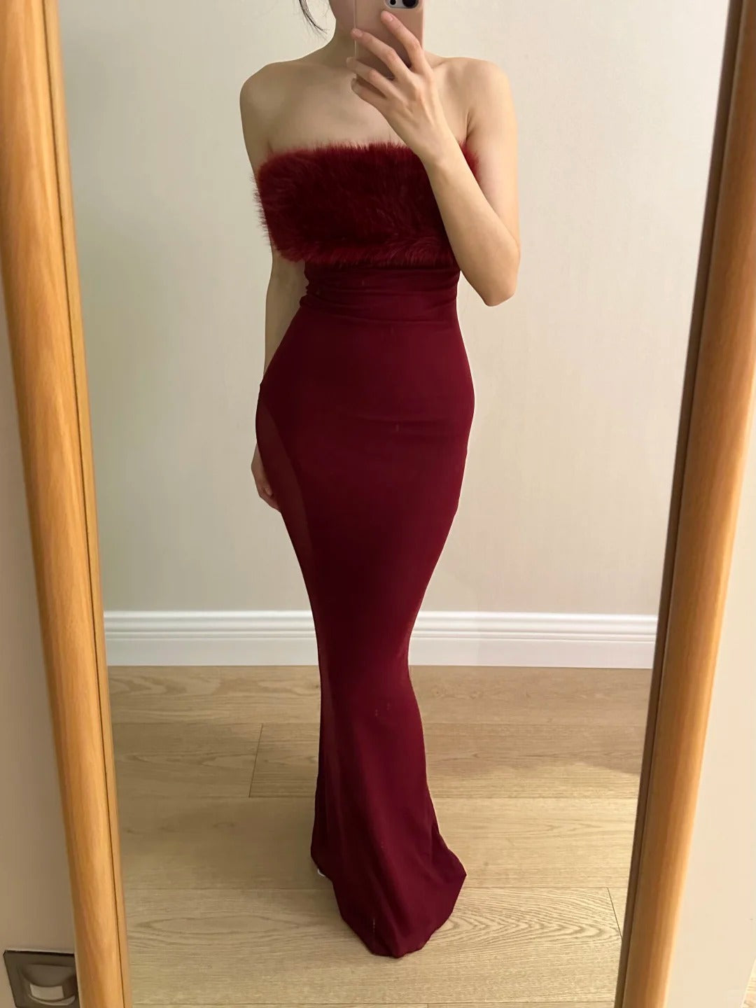 Sexy Burgundy Mermaid Strapless Mesh Long Prom Dress Evening Dress P4256