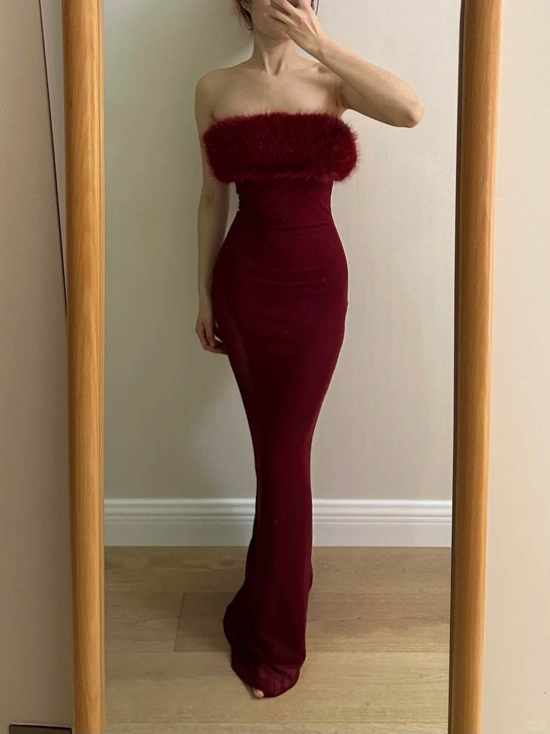Sexy Burgundy Mermaid Strapless Mesh Long Prom Dress Evening Dress P4256