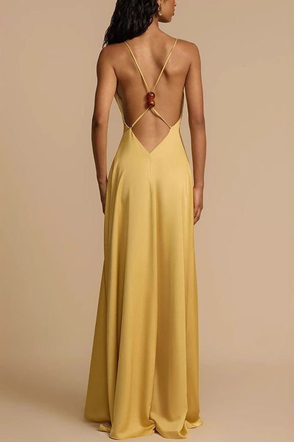 Satin Plunge V-Neck Sleeveless A-Line Maxi Gown