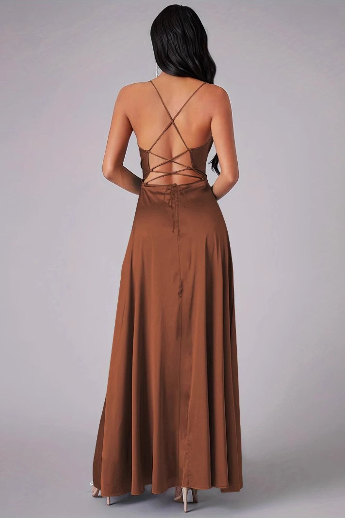 Satin Cowl Neck High Split A-Line Maxi Dress - View 3