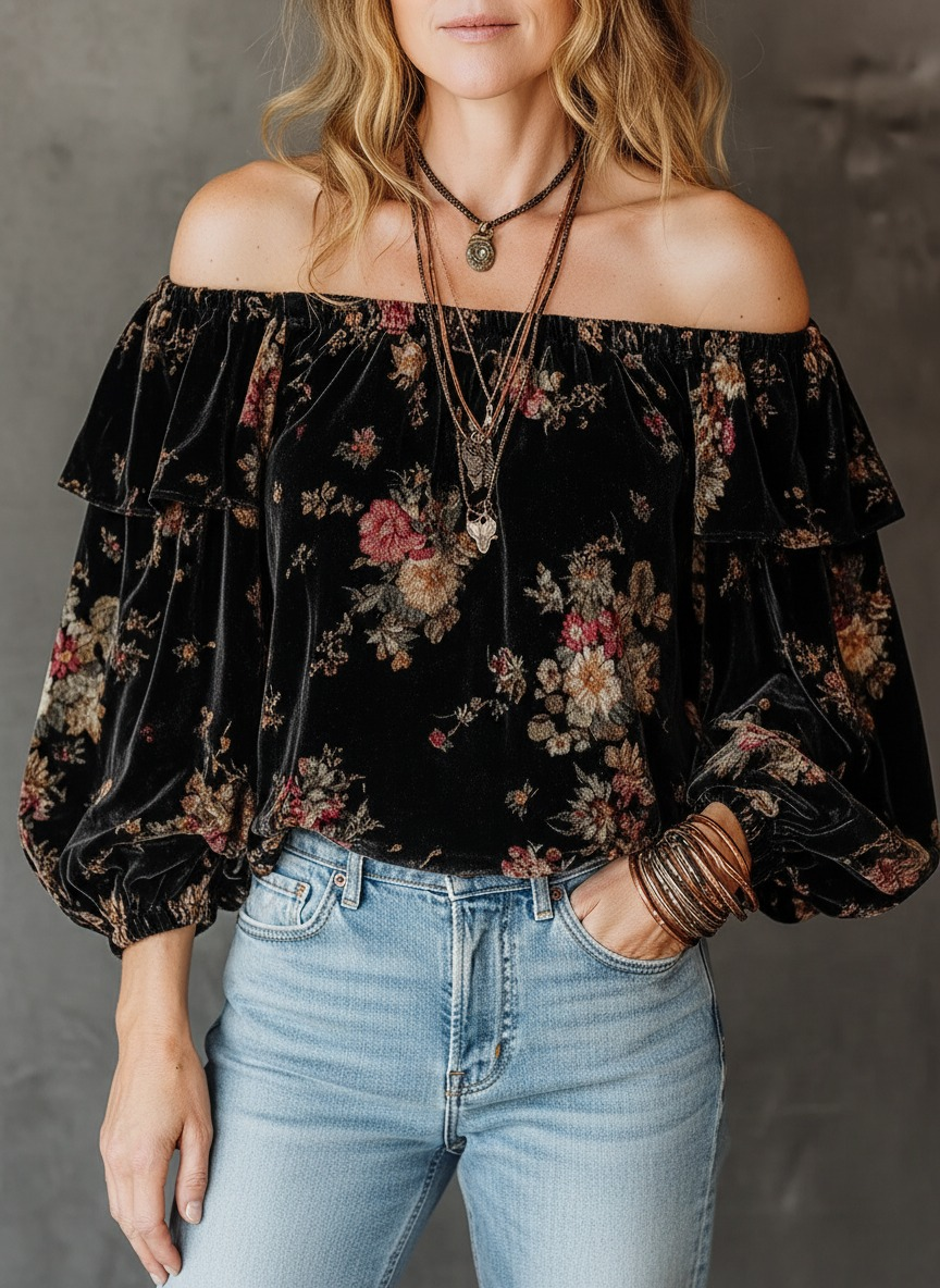 Velvet Off-Shoulder Floral Balloon Sleeves Blouse - Fashionpara
