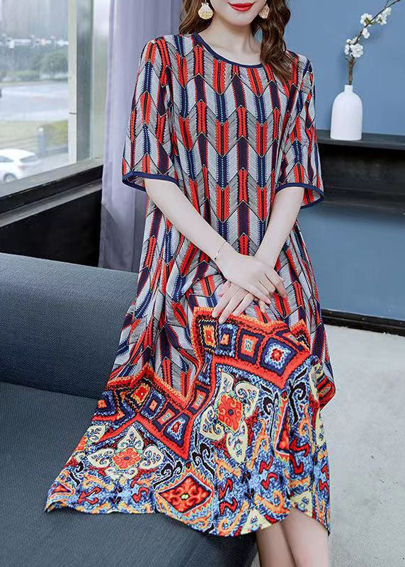 Geometric Chevron Print Ornate Border Short Sleeve Shift Midi Dress - View 2