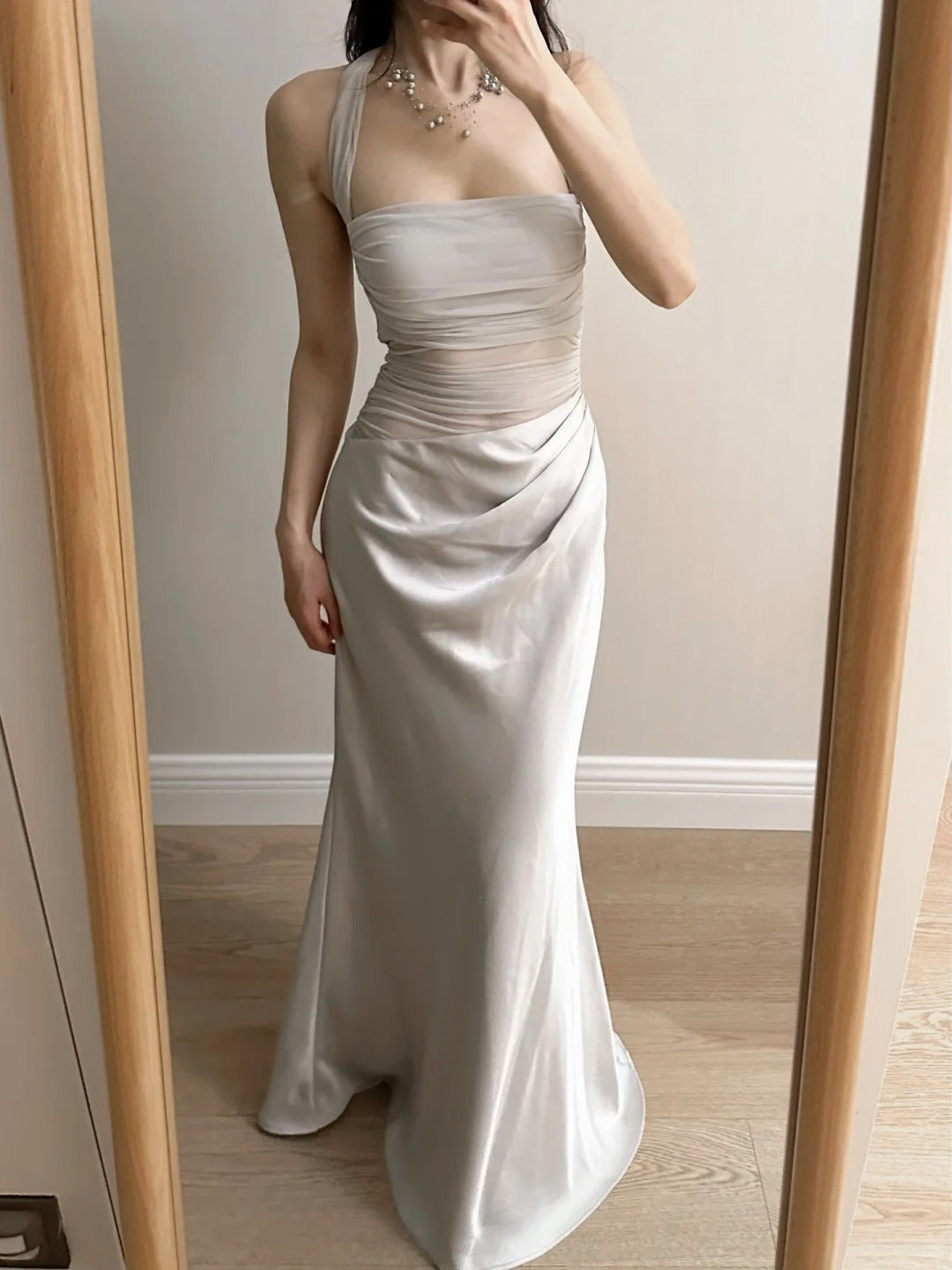 Elegant Grey Mermaid Halter Neck Square Neck Satin Tulle Long Prom Dress Evening Dress P4259