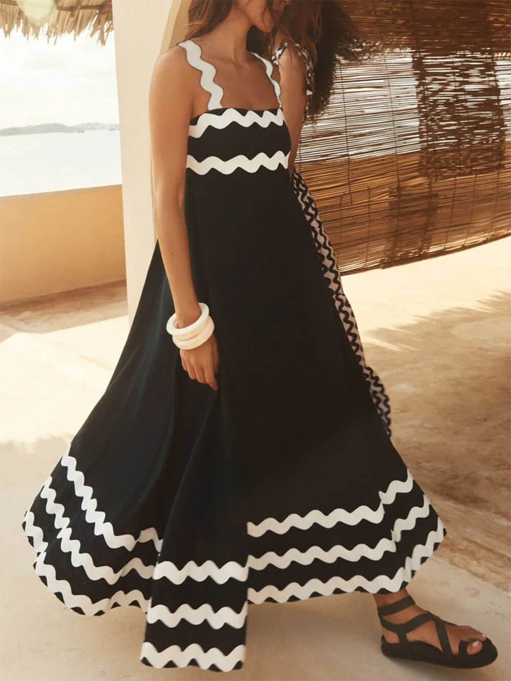 Rickrack Trim Square-Neck Sleeveless A-Line Maxi Dress 3