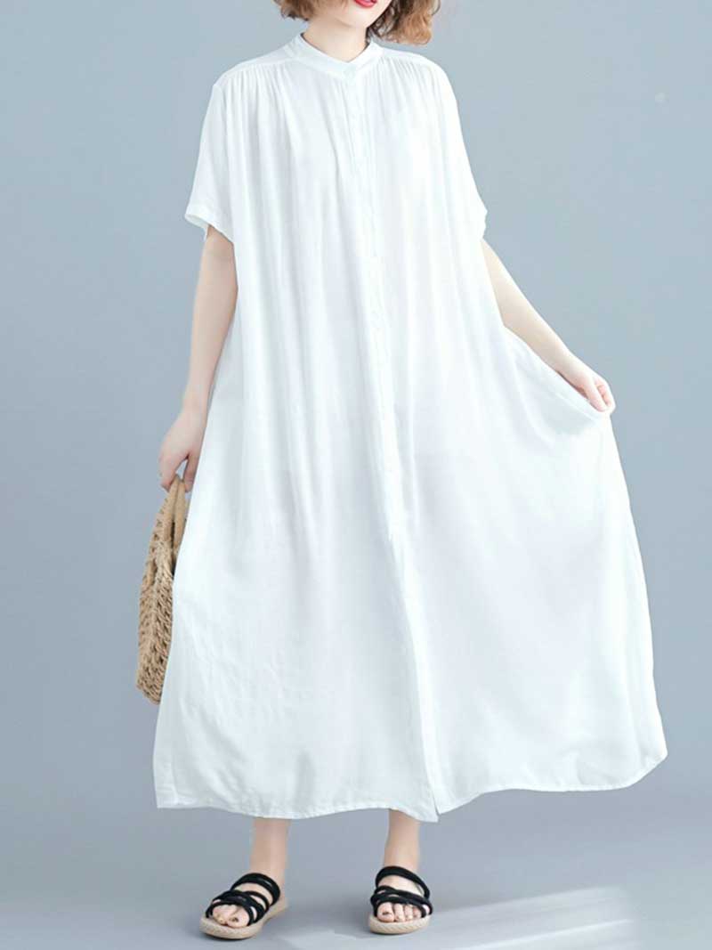 Long Cotton Front Button Cotton Shirt Dress (White - Black - Grey- Apricot) - Fashionpara