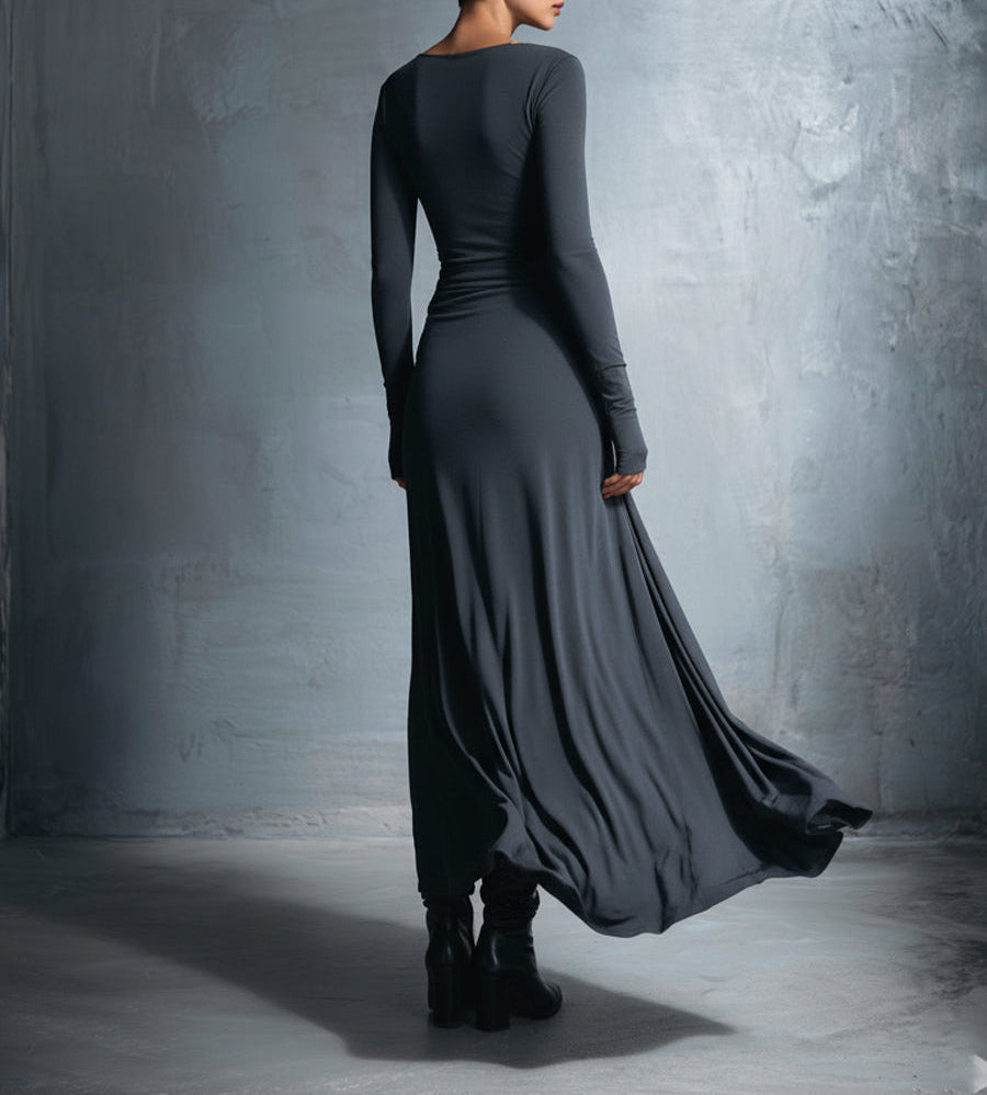 Boat Neck Long Sleeve Ruched Twist Maxi Dress 9