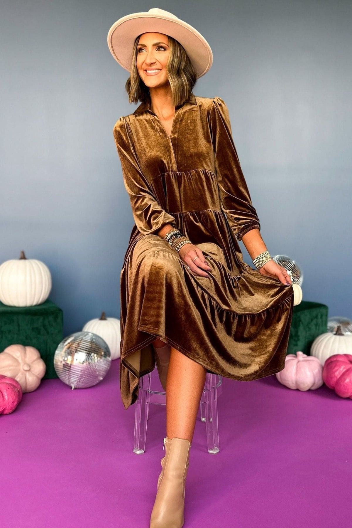 Velvet Collared Long Sleeve Tiered Swing Midi Dress - View 3