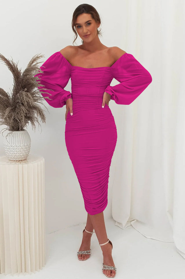 Square-Neck Long-Sleeve Ruched Bodycon Midi Dress 5