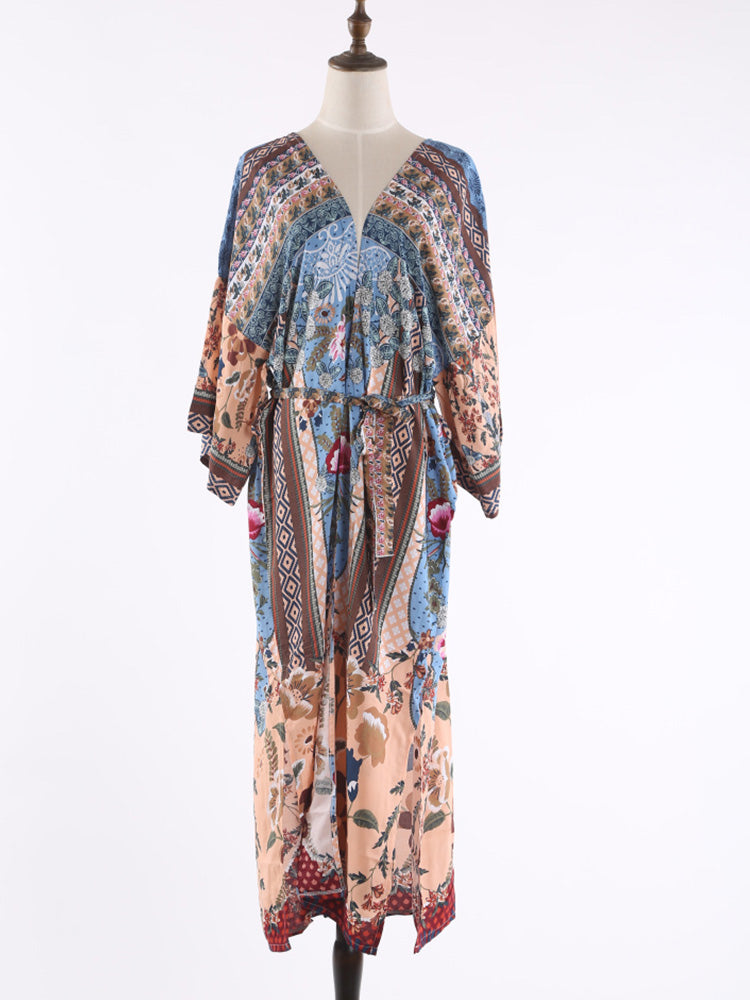 Printed Multicolor Cotton Long Length Gown Kimono Duster Robe - Fashionpara