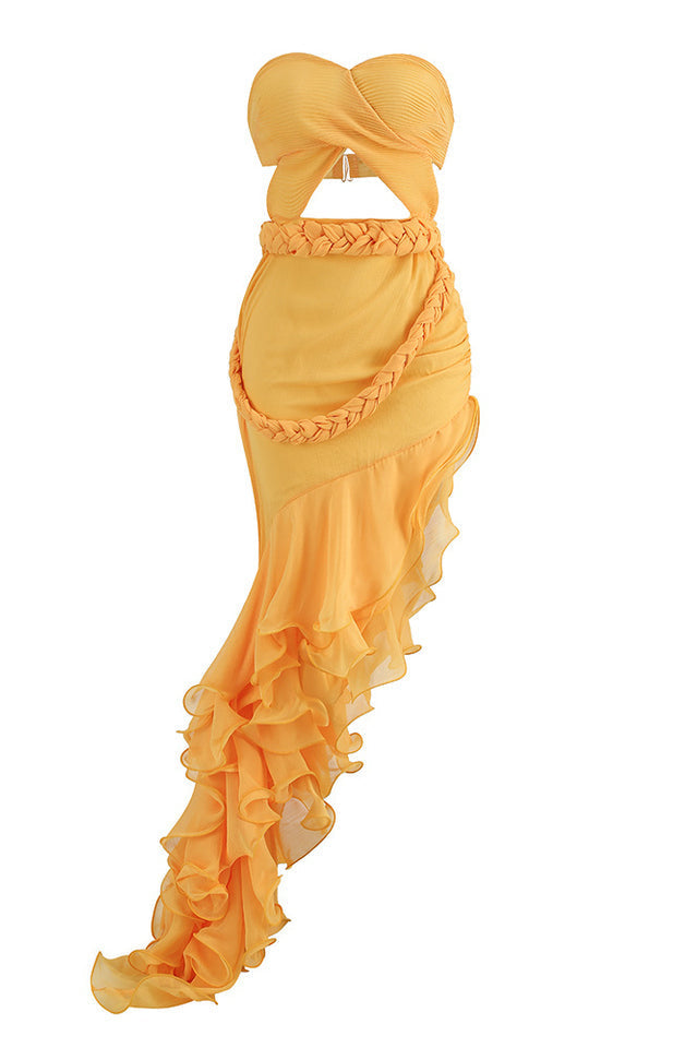 Strapless Twist Front Cut Out Ruffle High Low Dress 7