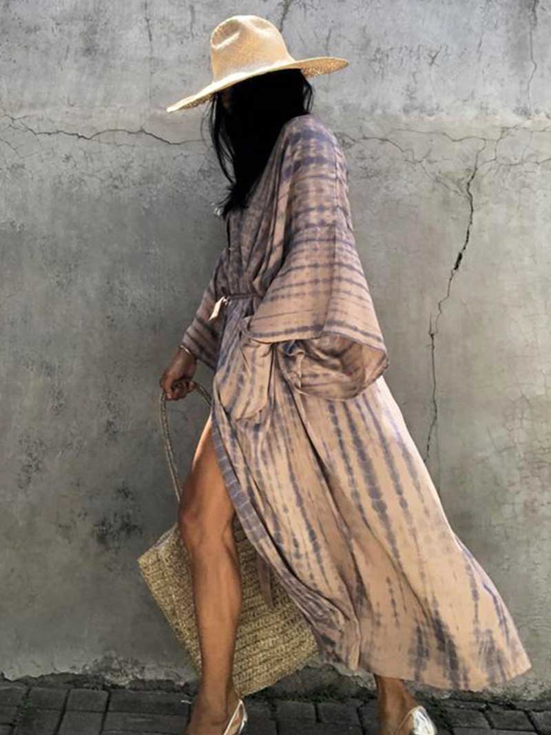Tie-Dye Print Different Color Rayon Long Length Gown Kimono Duster Robe - Fashionpara