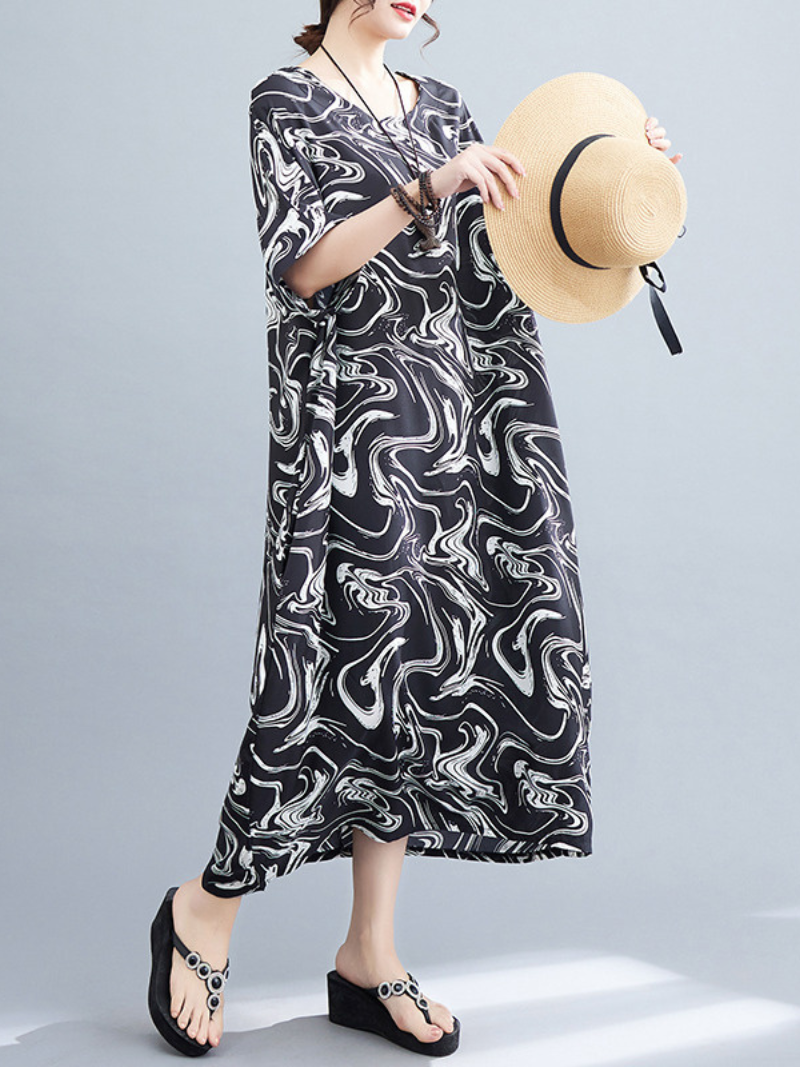 Marble-Swirl Print Batwing-Sleeve Kaftan Maxi Dress 5