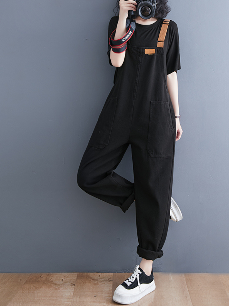 Denim Loose Shoulder Strap Large Size Black Overalls - Fashionpara