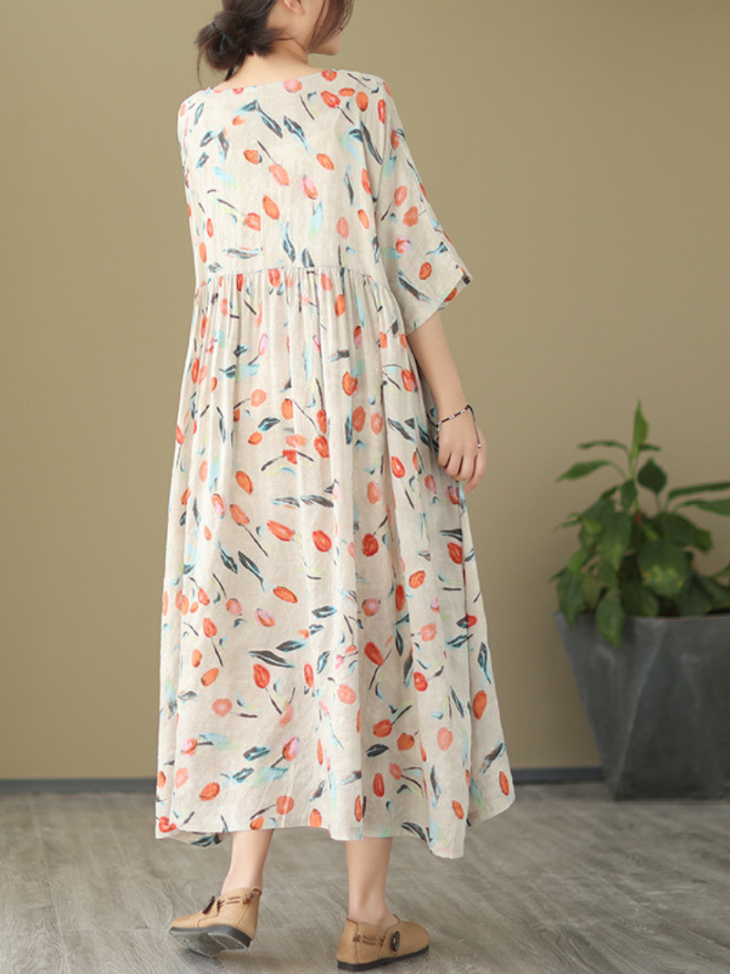 Tulip Print Round Neck Short Sleeve Smock Midi Dress 3