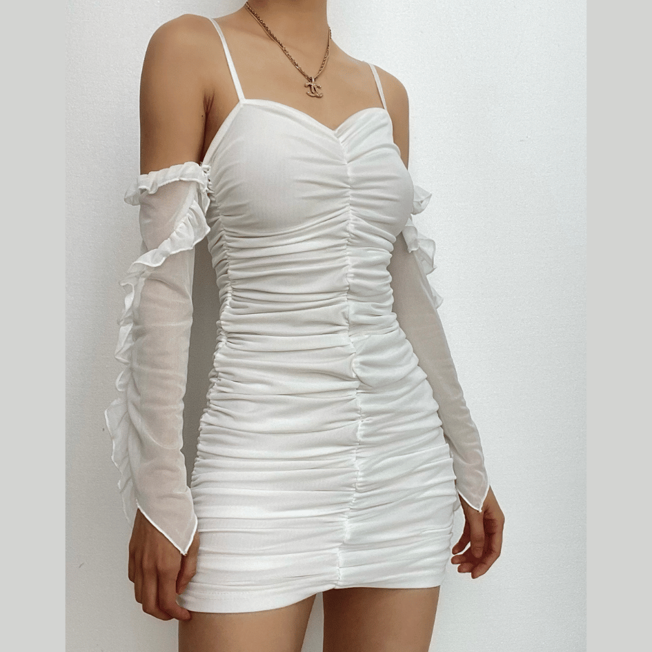 Solid ruched backless ruffle mesh mini dress - View 2