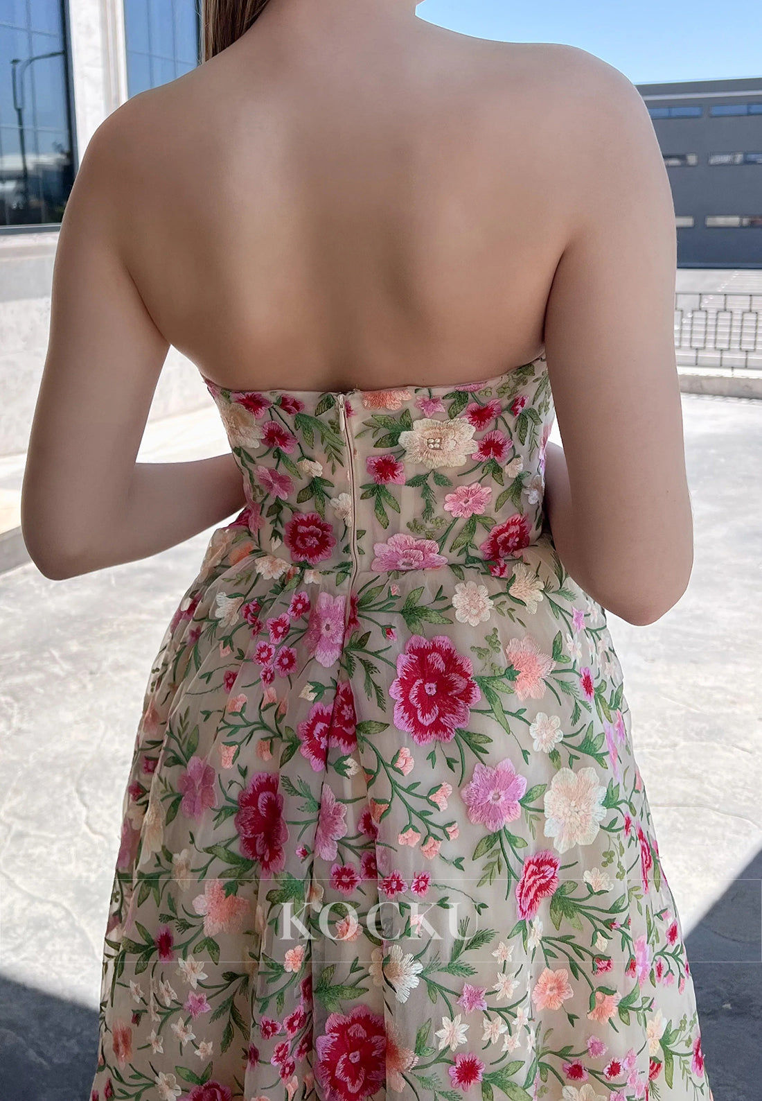 A-Line Strapless Floral Embellished Tea-Length Prom Dresses