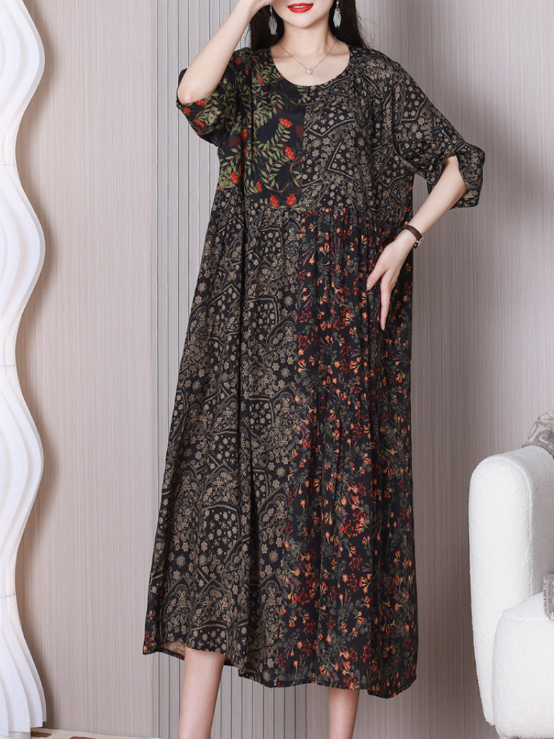 Patchwork Floral Round Neck Short Sleeve Midi Dress