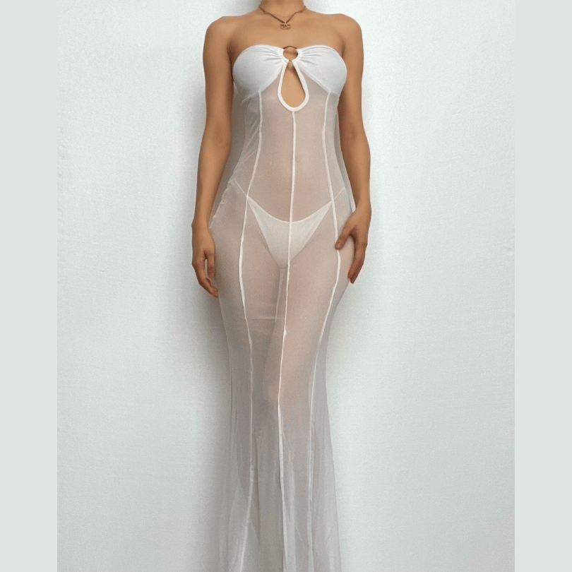 Mesh see through o ring hollow out backless tube maxi dress - View 14