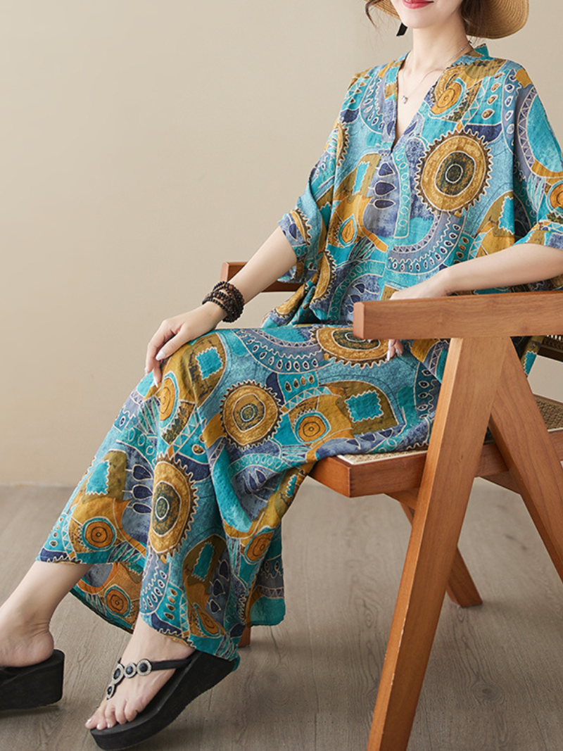 Game Of Love V-neck Short Sleeves Kaftan Dress - Fashionpara