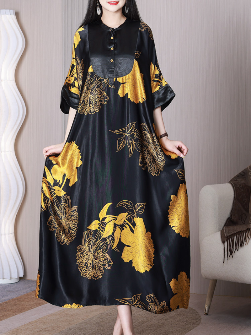 Floral Print Stand Collar Half-Button A-Line Maxi Dress