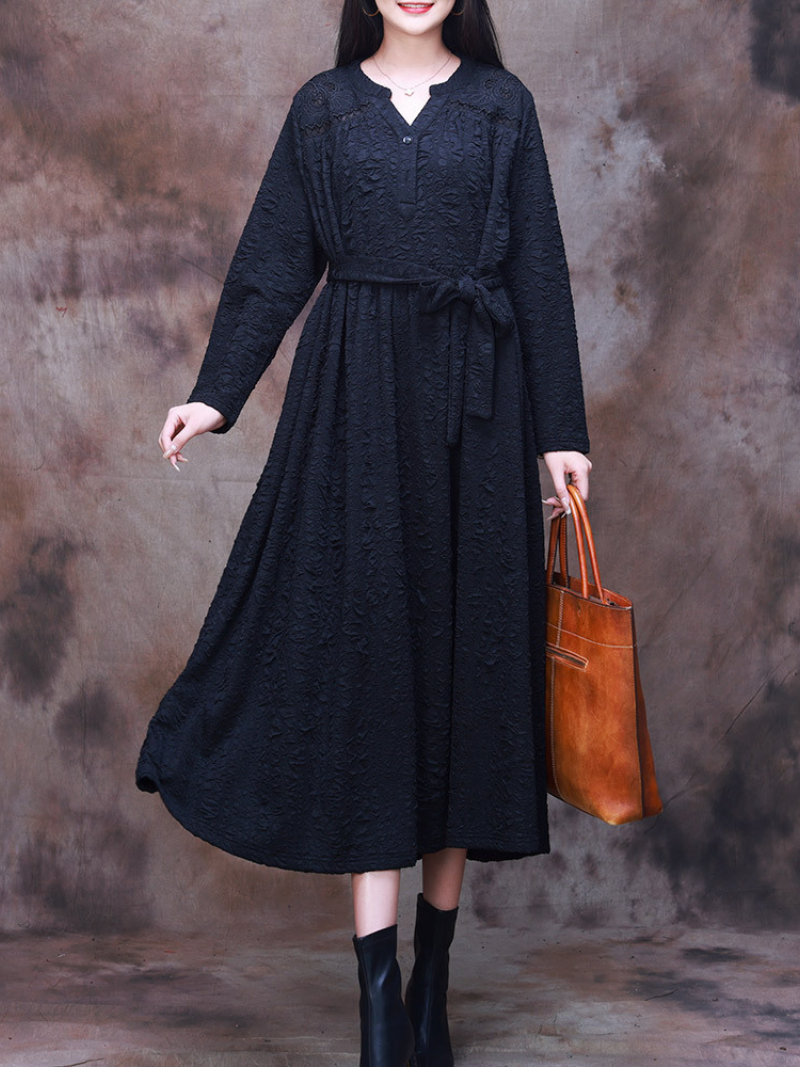 Vintage-Inspired Classic Belt Side Pockets A-Line Dress - Fashionpara