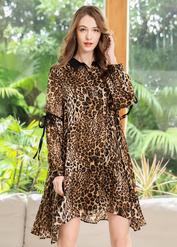 Animal Print Contrast Collar Bishop Sleeve Ribbon Tie Shirt Mini Dress - View 2