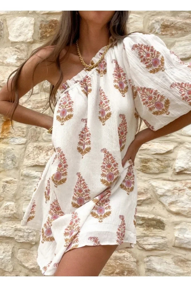 Simple Pleated Plant Print Mini Dress
