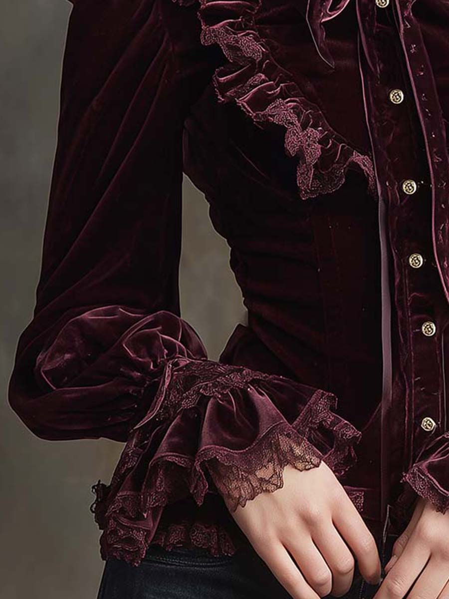 Garnet Red Romance Victorian Velvet Ruffle Blouse - Fashionpara