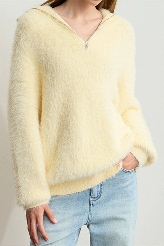 Faux Mink Slouchy Turtleneck Zip-Front Sweater