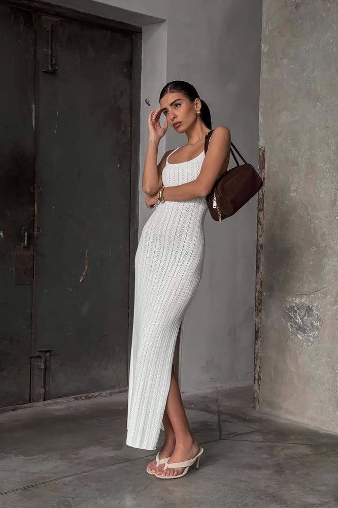 Pointelle Knit Square Neck Sleeveless Bodycon Maxi Dress