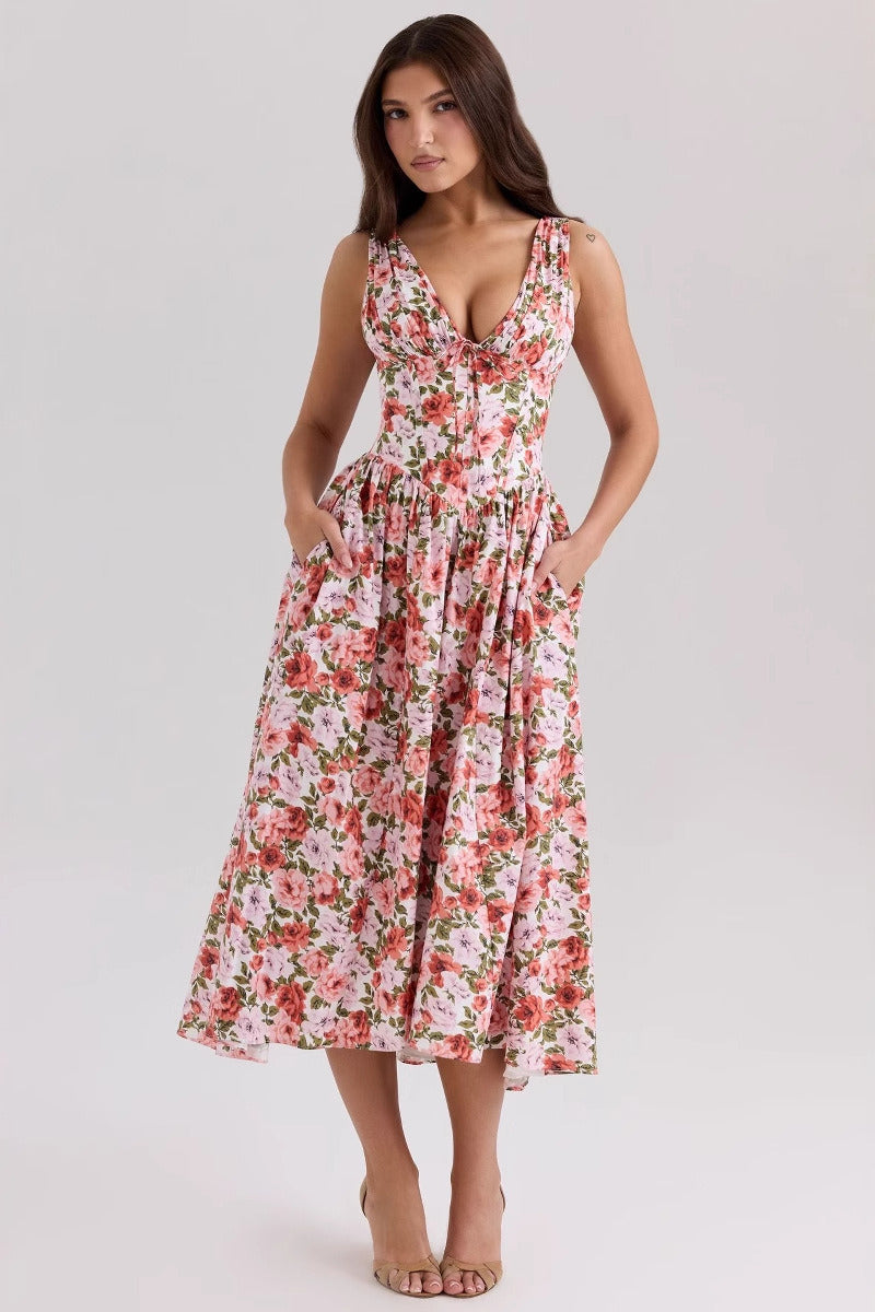 Floral Print V-Neck Sleeveless Corset Midi Dress 3