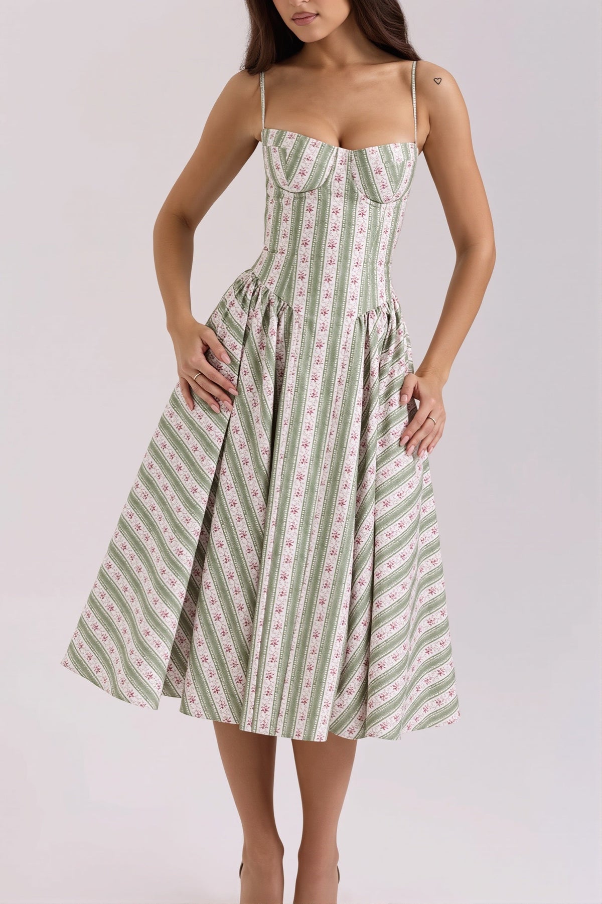 Floral Striped Corset Sweetheart A-Line Midi Dress 3