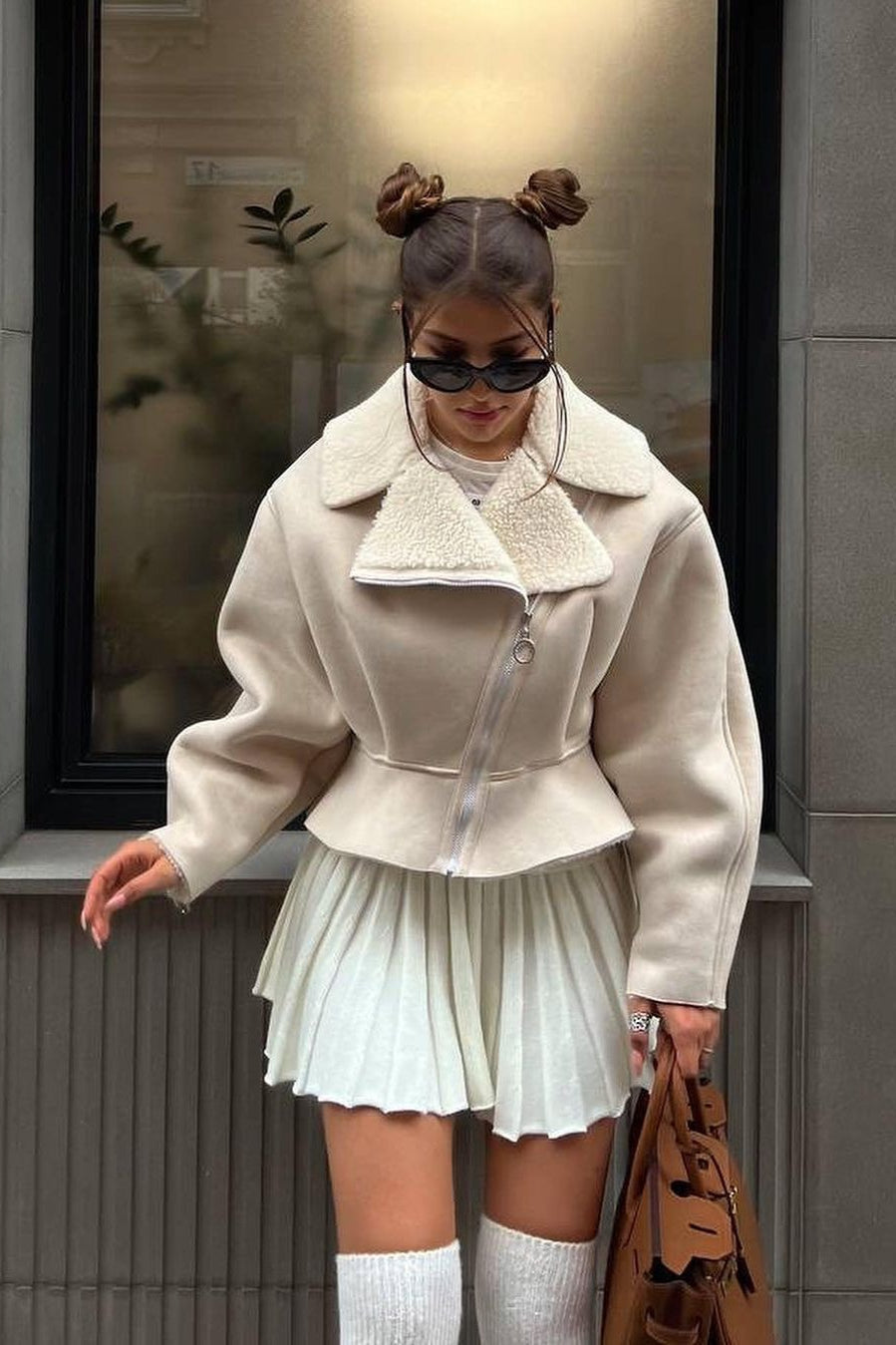 Odd Zip Leather Fur Pieced Coat 6