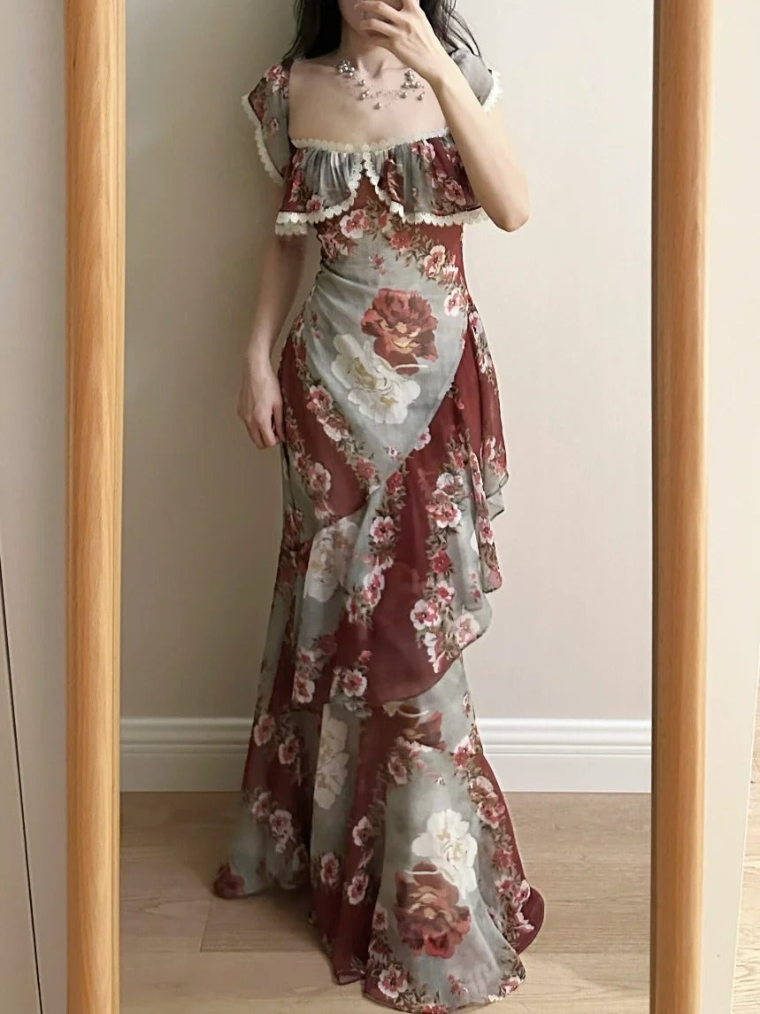 Retro Mermaid Print Ruffled Chiffon Long Prom Dress Evening Dress P4260