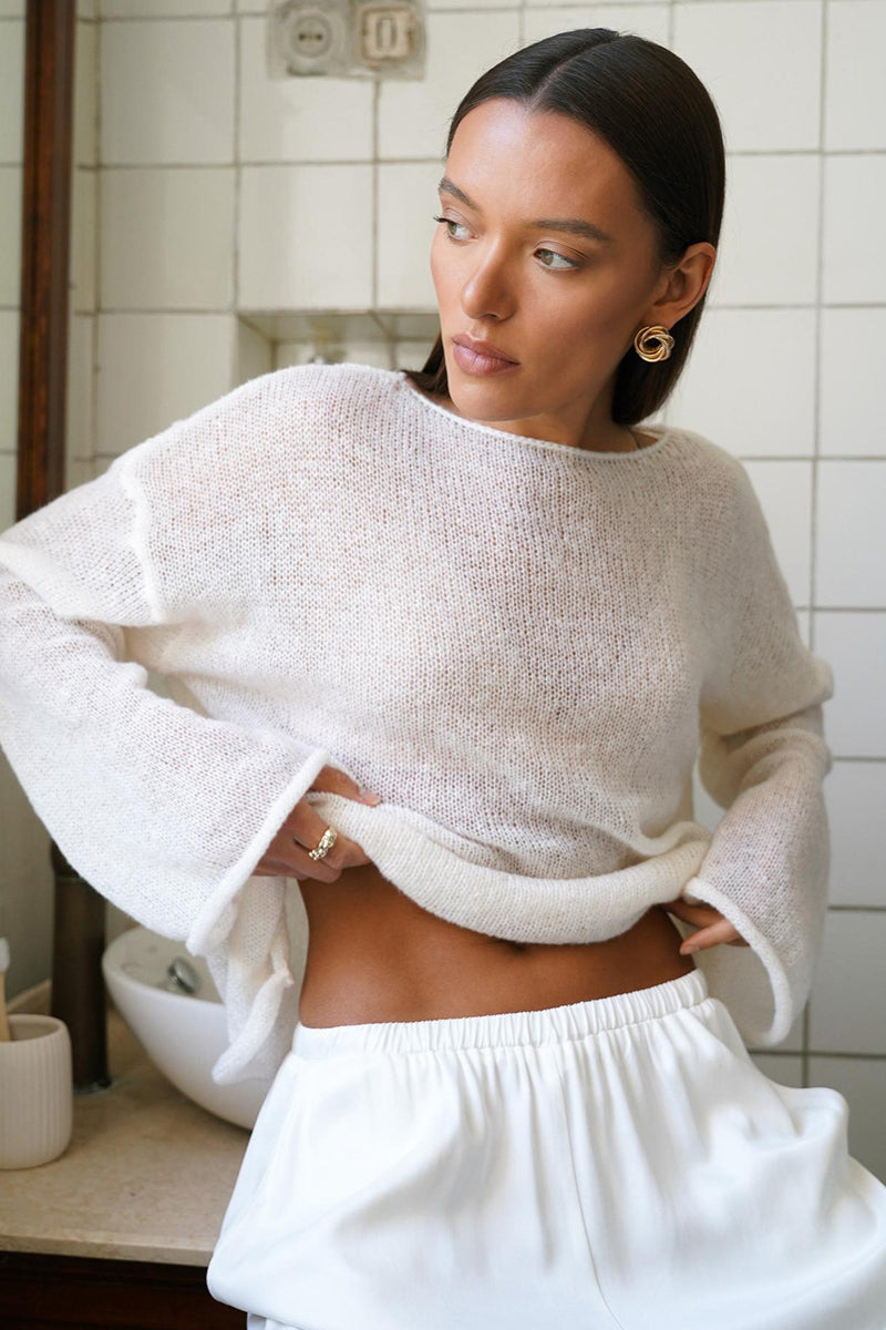 Elegant Hollow Out Bell Sleeve Knit Sweater for Women