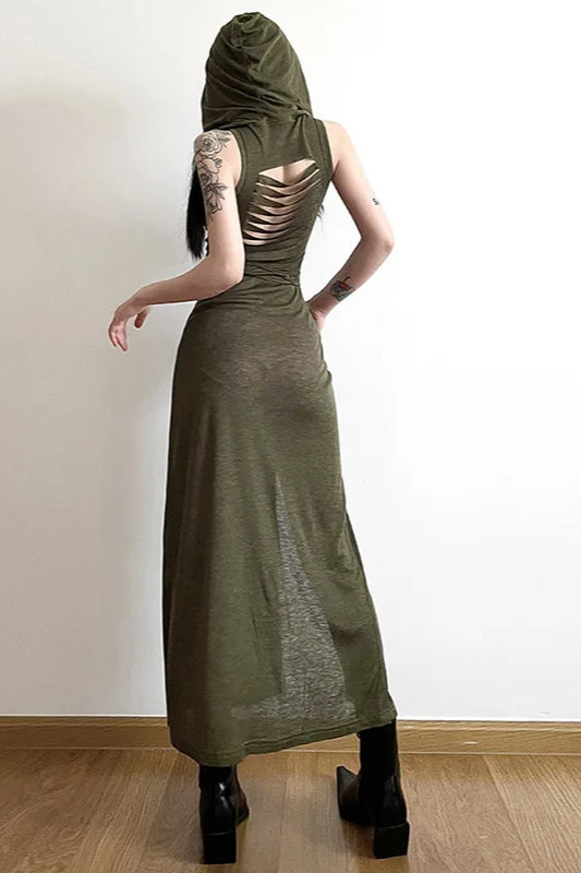 Jersey Hooded Sleeveless High-Slit Maxi Dress